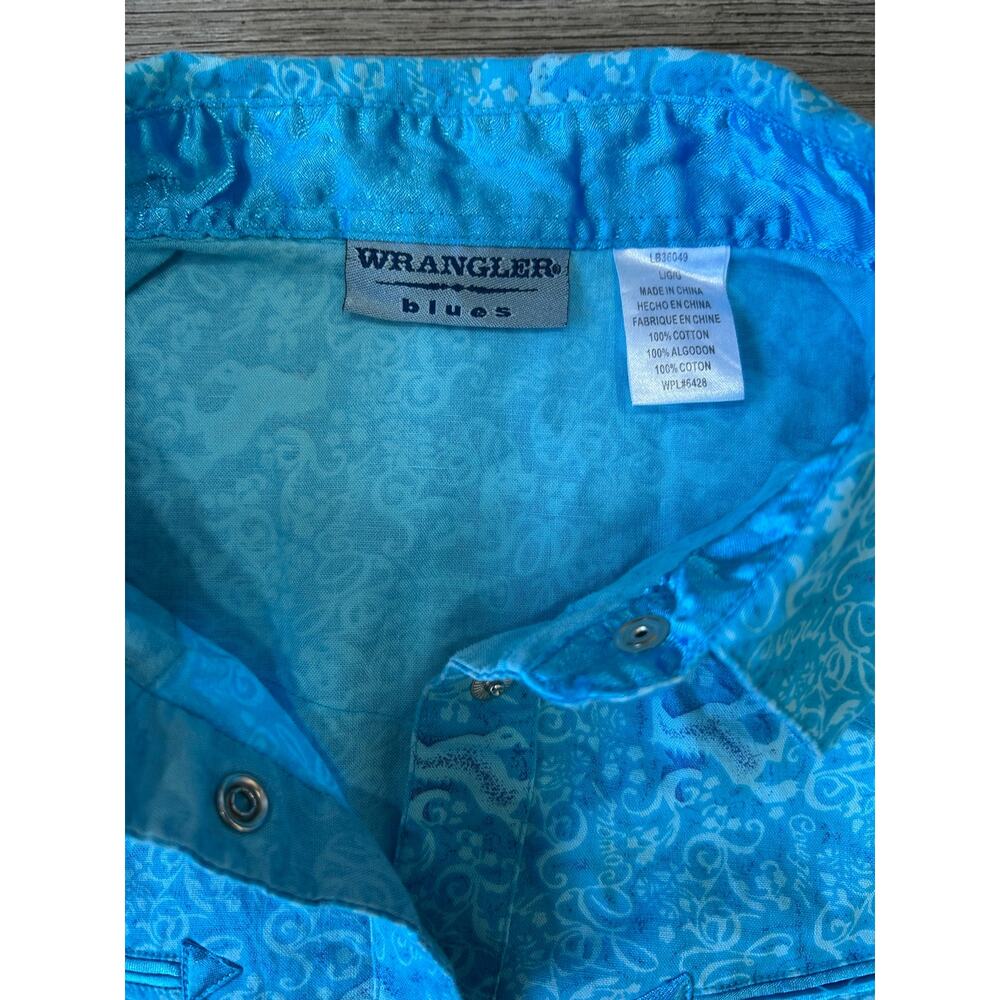 Wrangler Blues Shirt Large L Womens Blue Cowgirl Horse Print Western Pearl Snap - Picture 3 of 7